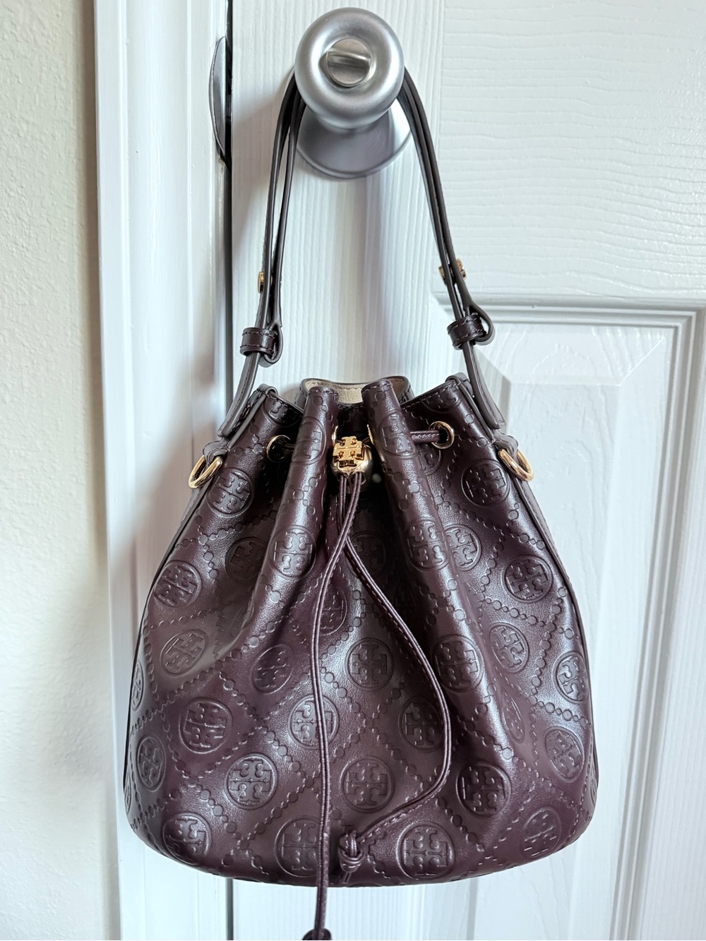 Tory Burch Dark Brown Embossed Leather Drawstring Shoulder Bag